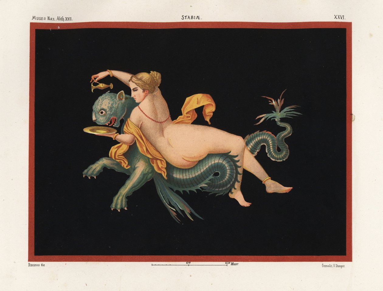 Nereid havetymfe understøttet af et monster, halv panter og halv fisk. Museo Naz. XXII, Stabiae. Kromolitografi af Victor Steeger efter en illustration af Geremia Discanno fra Emile Presuhn (1844-1878) De smukkeste malerier af Pompeji, Leipzig af Geremia Discanno