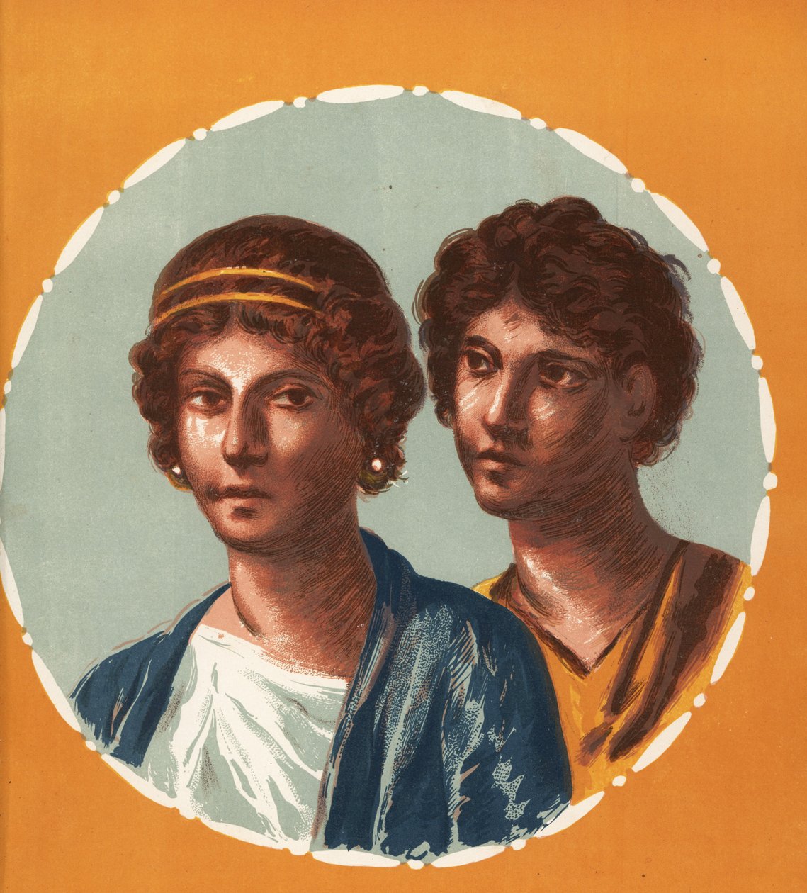 Muotokuva miehestä ja naisesta tuntemattomasta talosta Pompejissa. Victor Steegerin kromolitografia Geremia Discannon kuvituksesta Emile Presuhnista (1844-1878) Pompejin kauneimmat maalaukset, Leipzig af Geremia Discanno