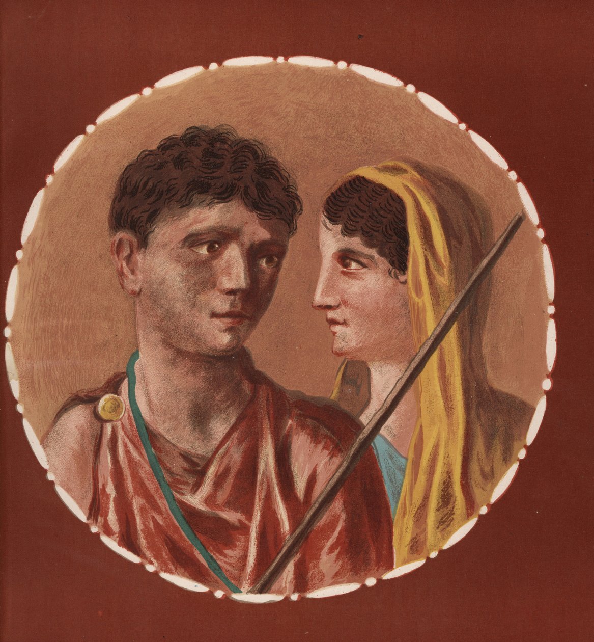 Muotokuva miehestä ja naisesta tuntemattomasta talosta Pompejissa. Victor Steegerin kromolitografia Geremia Discannon kuvituksesta Emile Presuhnista (1844-1878) Pompejin kauneimmat maalaukset, Leipzig af Geremia Discanno