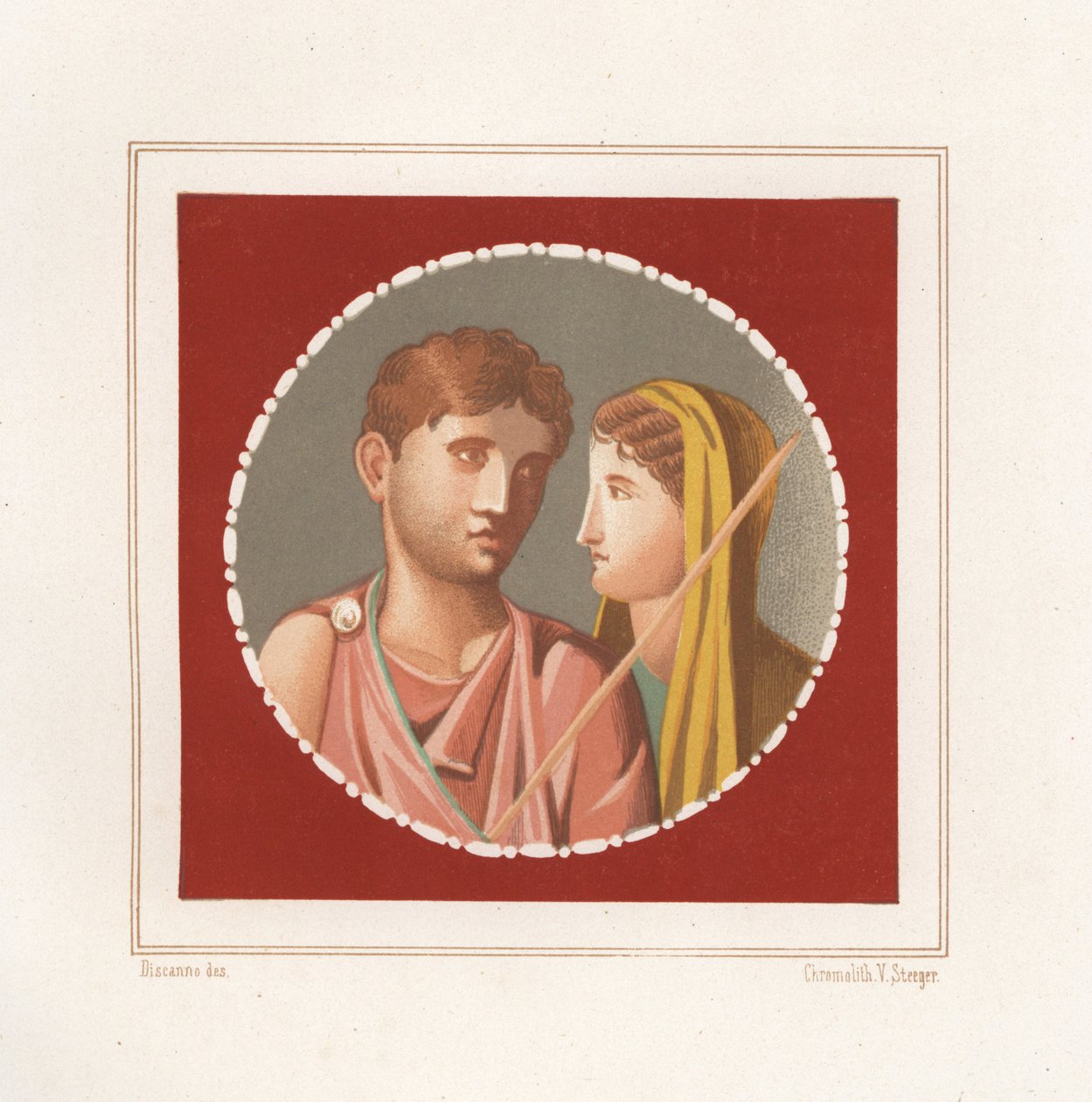 Portræt af en mand og kvinde fra et uidentificeret hus i Pompeji. Kromolitografi af Victor Steeger efter en illustration af Geremia Discanno fra Emile Presuhn (1844-1878) De smukkeste malerier af Pompeji, Leipzig af Geremia Discanno