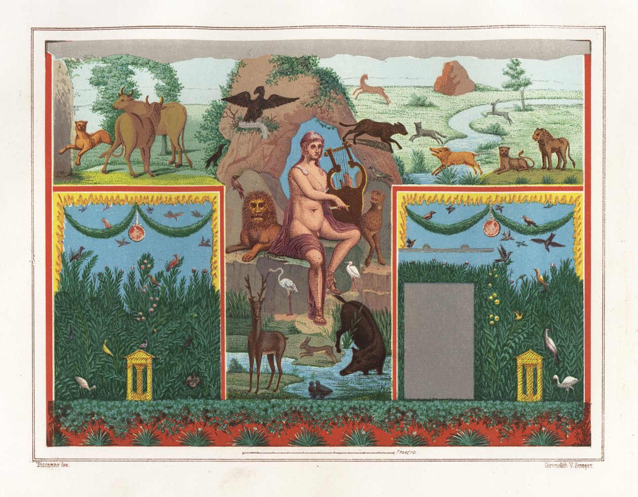Vægmaleri af Orpheus med lyre fra viridarium (haven) i huset til Vesonius Primus, en fulder. Han er omgivet af dyr, herunder en løve, puma, vildsvin, kronhjort, kanin og blå flamingo. Kromolitografi af Victor Steeger efter illustration af Geremia Discanno