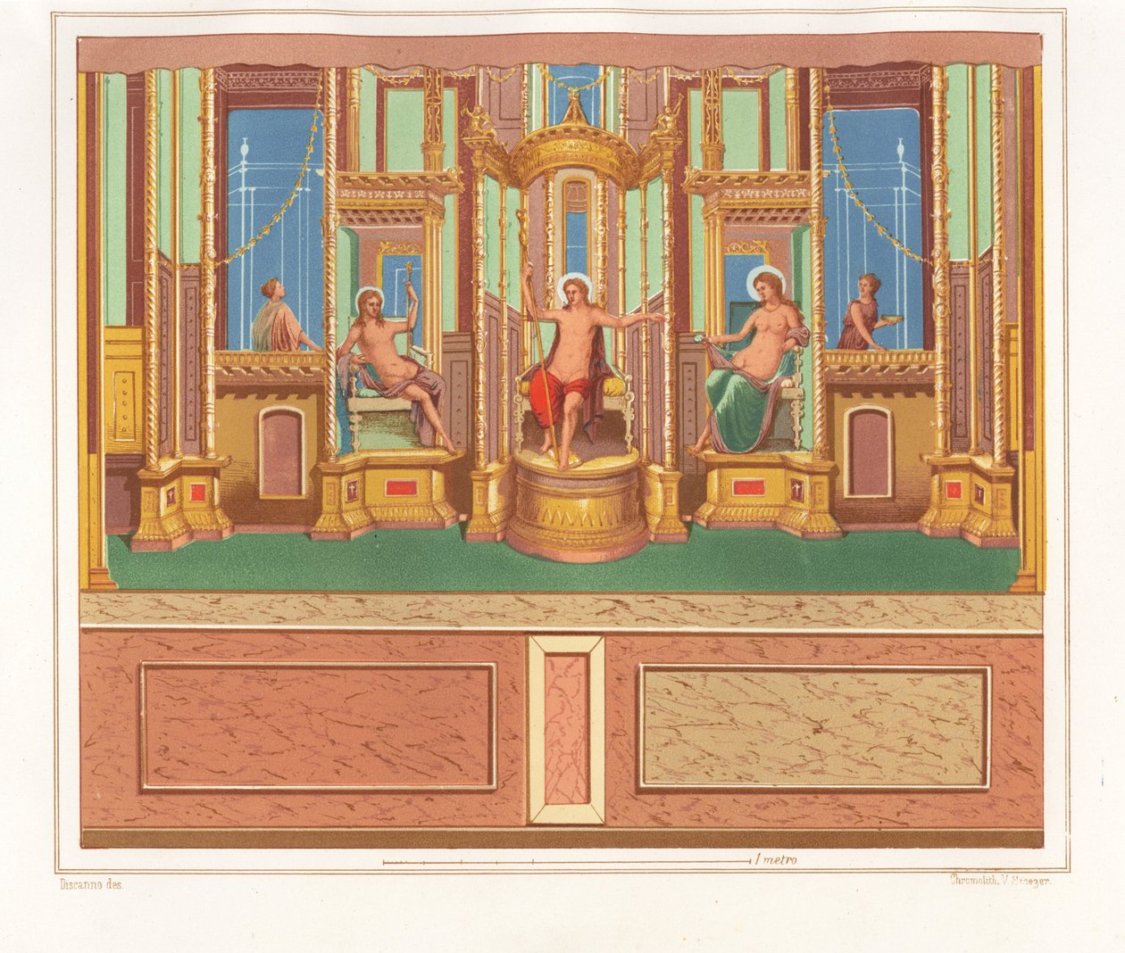 Vægmaleri, der viser Bacchus, Venus og Apollo fra et afsides siddende område i et hjørne af en have i Domus M. Herenulli Communis eller House of Apollo, Reg. VI, Ins. VII, nr. 23. Kromolitografi af Victor Steeger efter illustration af Geremia Discan af Geremia Discanno