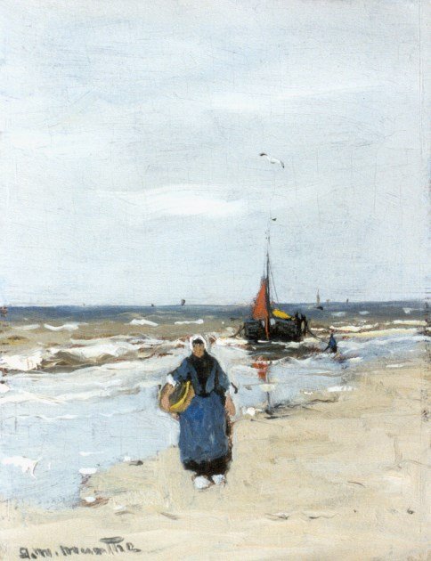 Fiskerkvinde på stranden i Katwijk af Gerhard Morgenstjerne Munthe