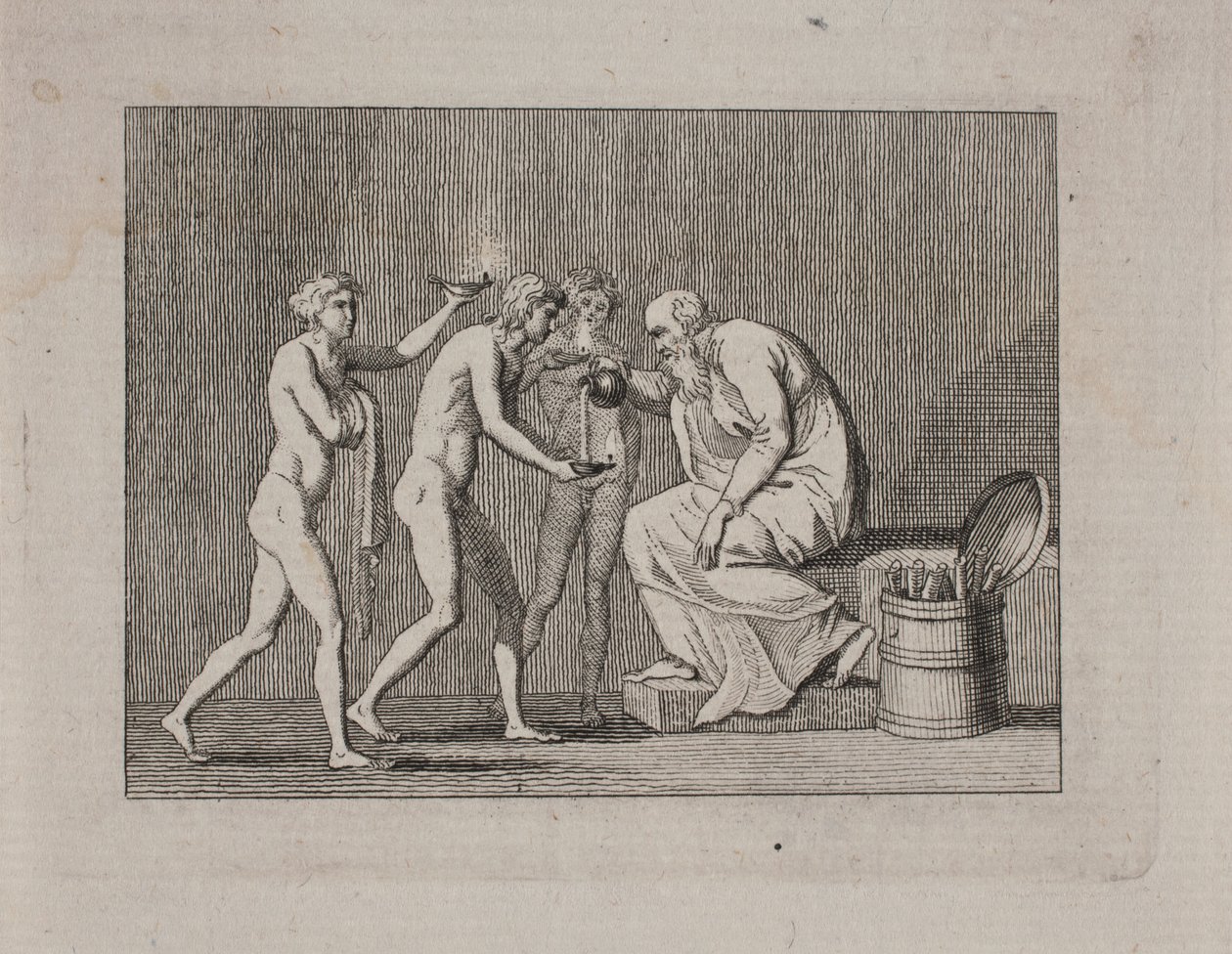 Allegori med tre ynglinge og en gammel mand i antik dragt. af Gerhard Ludvig Lahde