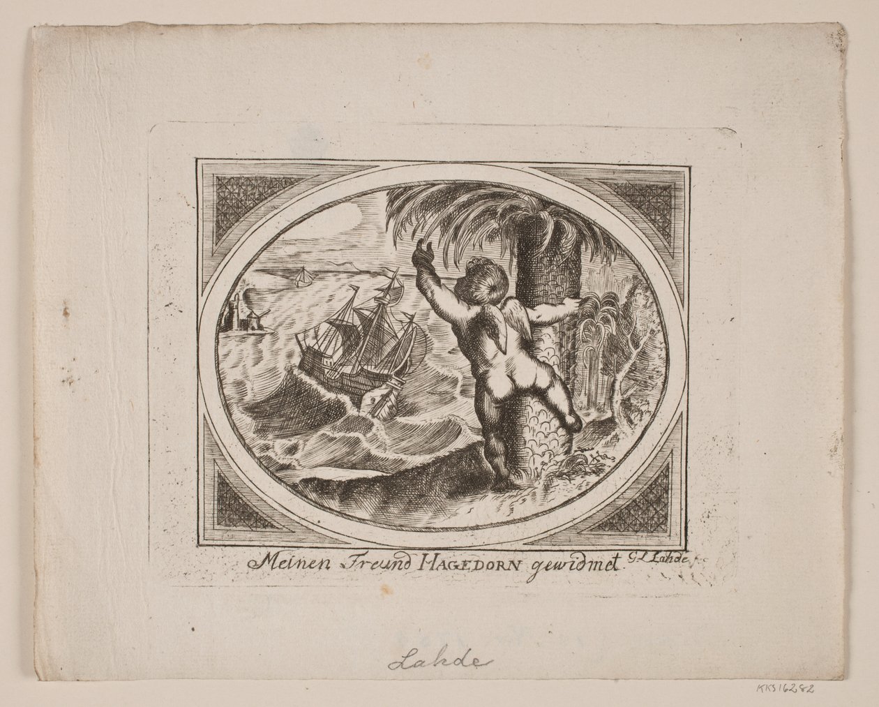 Amor ved et Palmetræ, pegende udover et oprørt hav. af Gerhard Ludvig Lahde