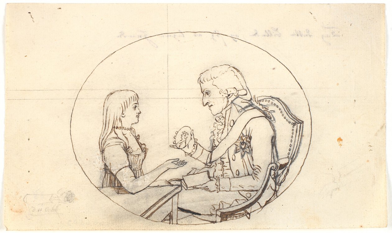 Arveprins Frederik med arveprinsen (Chr. VIII) viser et portræt af den afdøde arveprinsesse Sofie Frederikke af Gerhard Ludvig Lahde