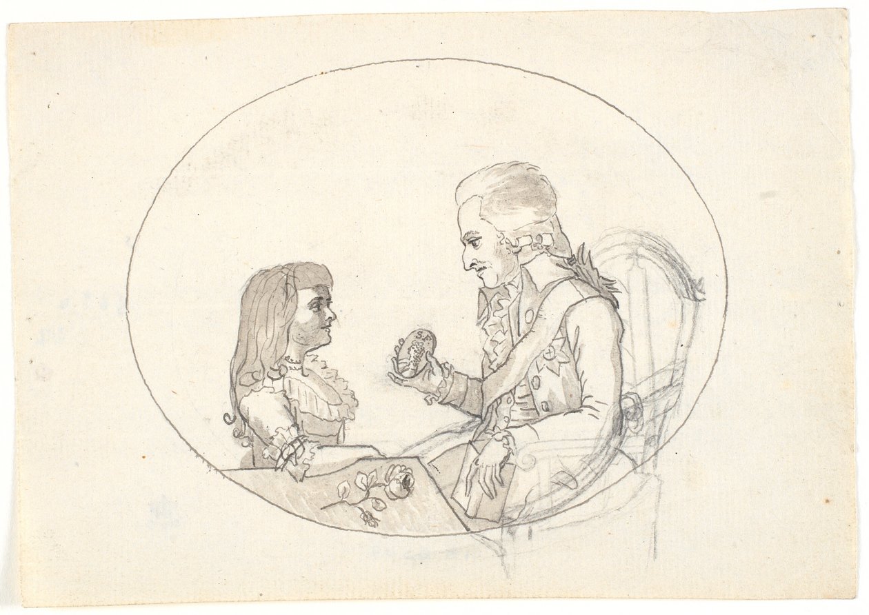 Arveprins Frederik med arveprinsen (Chr. VIII) viser et portræt af den afdøde arveprinsesse Sofie Frederikke af Gerhard Ludvig Lahde