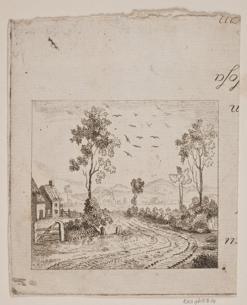 Landskab med hus ved vej med træ og flyvende fugle af Gerhard Ludvig Lahde