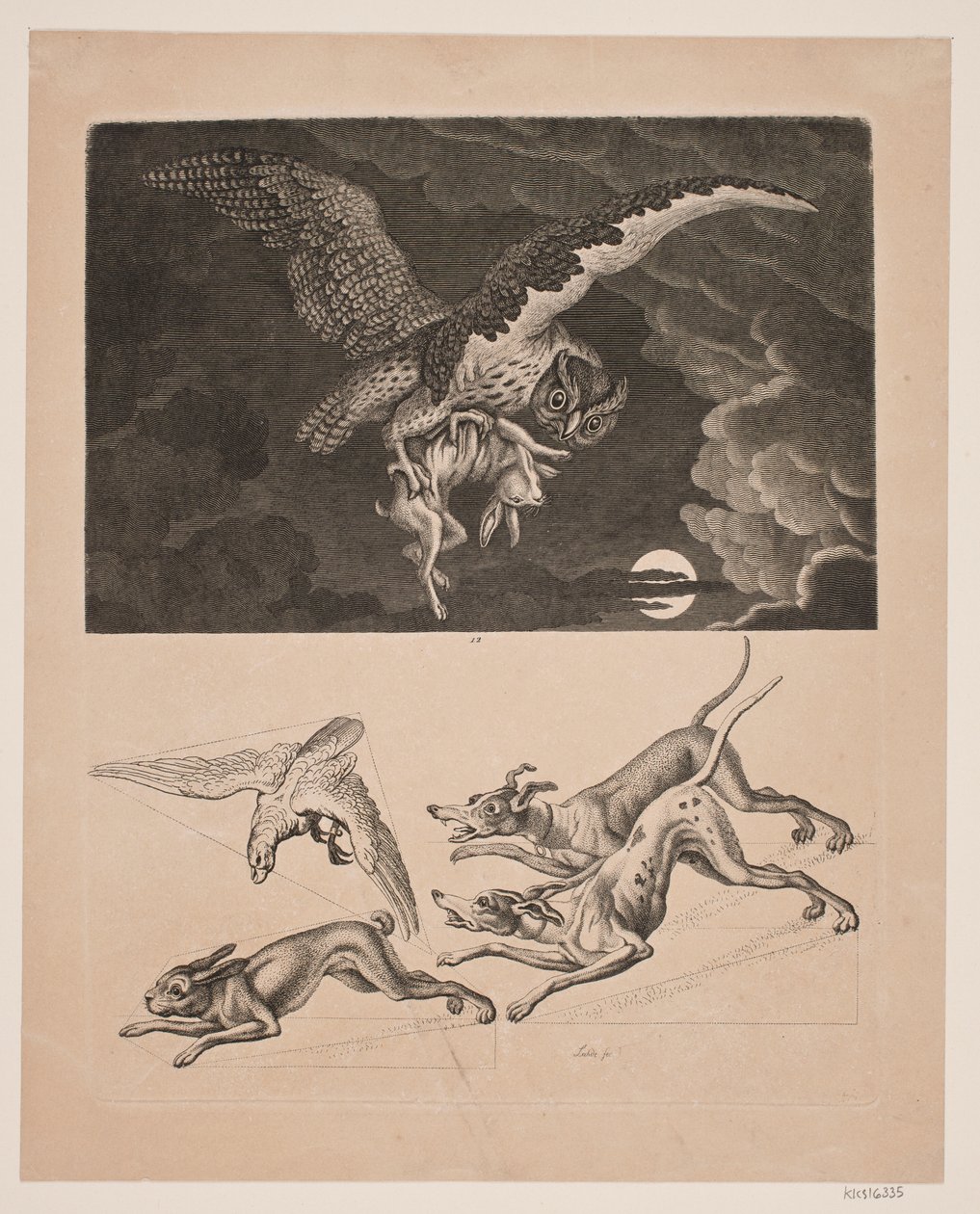 Tavle med Ugle flyvende med hare, derunder; hunde, hare og jagtfalk af Gerhard Ludvig Lahde