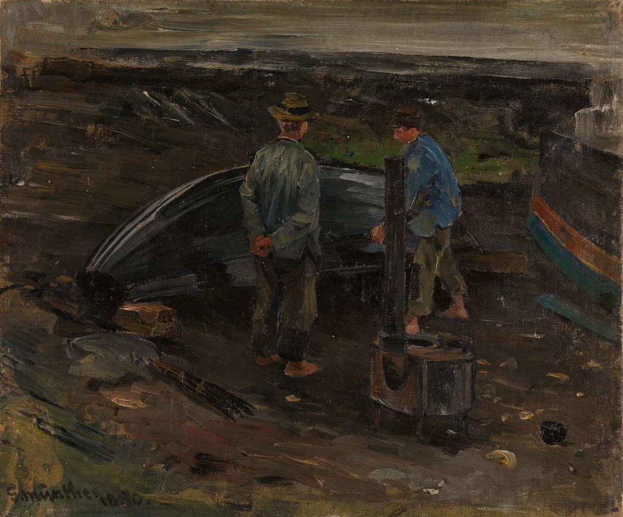 Drenge, der tjærer en båd, Nevlunghavn af Gerhard Munthe