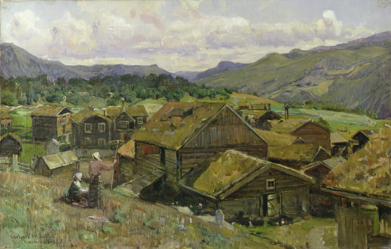 En norsk landsby med to kvinder (olie på lærred) af Gerhard Peter Frantz Vilhelm Munthe