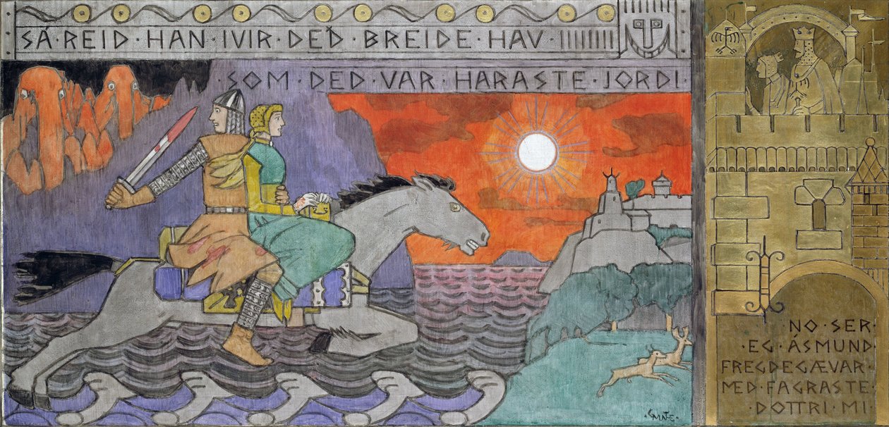 Asmund og prinsessen rider hjem - Munthe, Gerhard (1849-1929) - 1902-1904 - Olie på lærred - 62x126,5 - Nationalmuseet for kunst, Oslo af Gerhard Peter Frantz Vilhelm Munthe