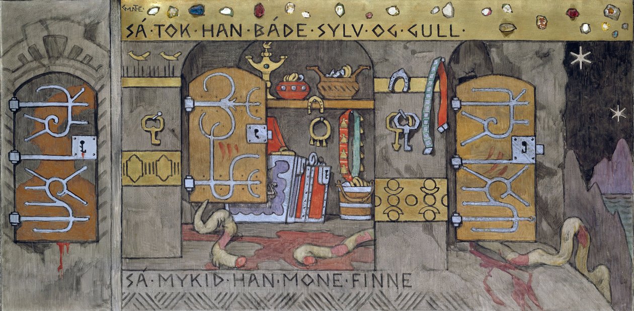 Asmund bringer sølv og guld - Munthe, Gerhard (1849-1929) - 1902-1904 - Olie på lærred - 62x122 - Nationalmuseet for kunst, Oslo af Gerhard Peter Frantz Vilhelm Munthe