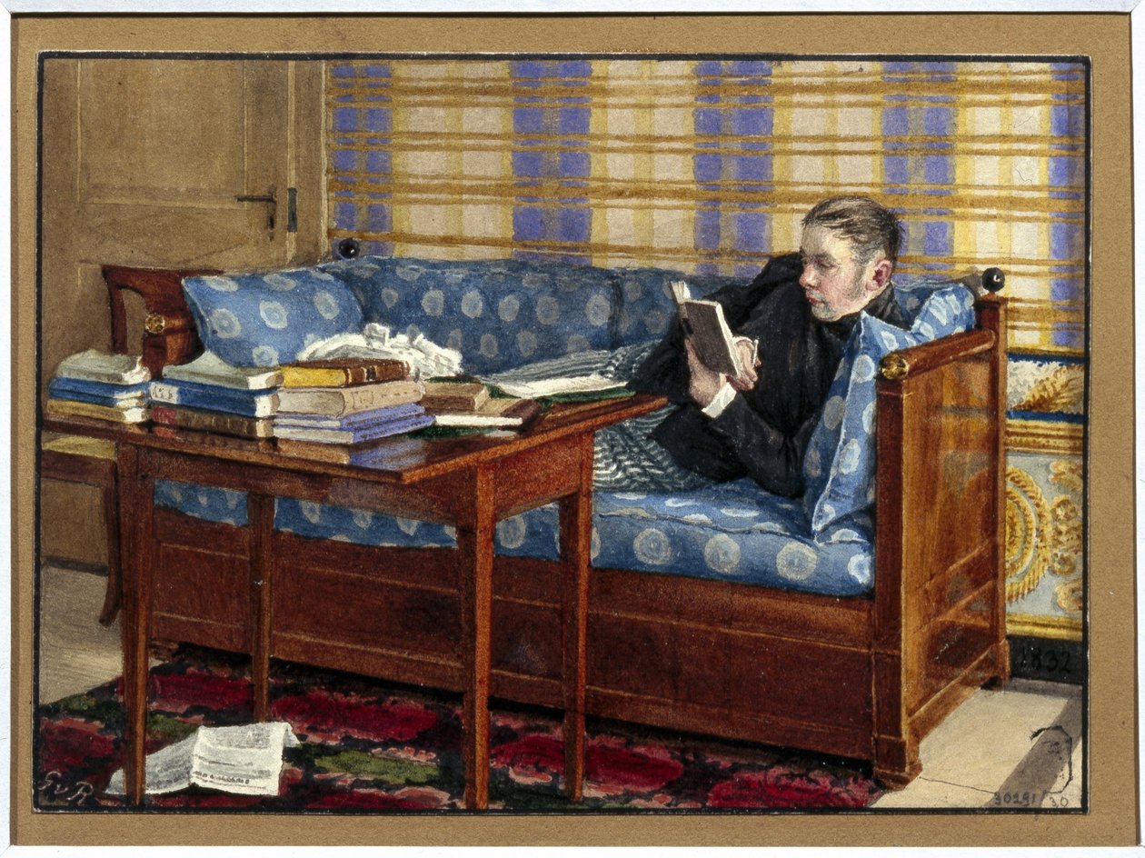 Portræt af digteren Vasili Zoukovsky (1783-1852). (Portræt af digteren Vasily Zhukovsky). Liggende på en sofa læser han foran sig bunker af bøger på et bord. Værk af Gerhard Wilhelm von Reutern (1794-1865), blyant og akvarel på papir af Gerhard Wilhelm von Reutern