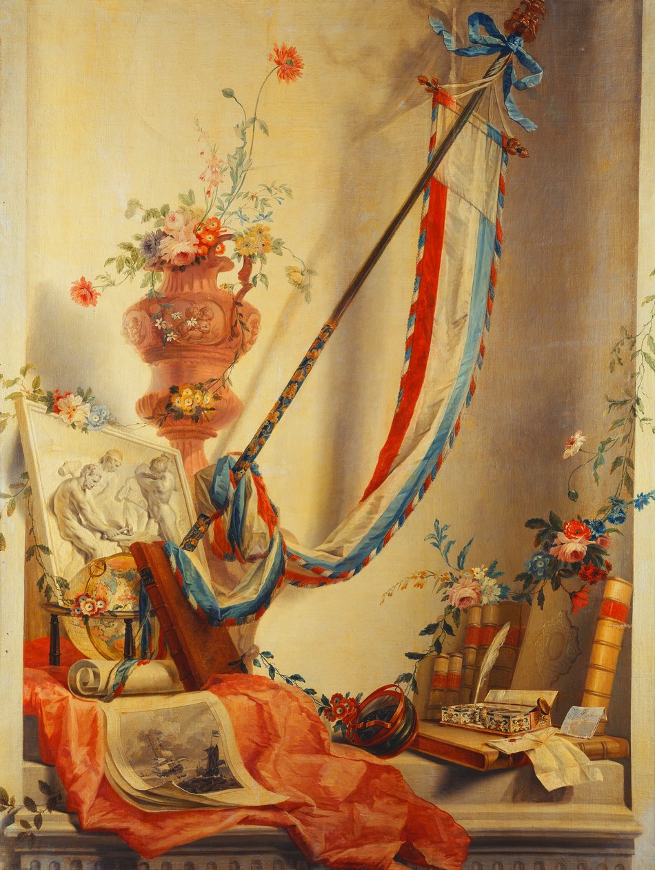 Et banner, blomster i en urne, et relief, en globus, et tryk, et kompas, et skrivesæt, bogstaver og Blaeus atlas i en niche af Gerke Jans de Jager