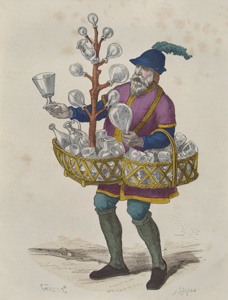 Glas- og krystalsælger i det femtende århundrede, fra Costumes de Paris a Travers les Siecles udgivet 1887 (farvegravering) af Gerlier