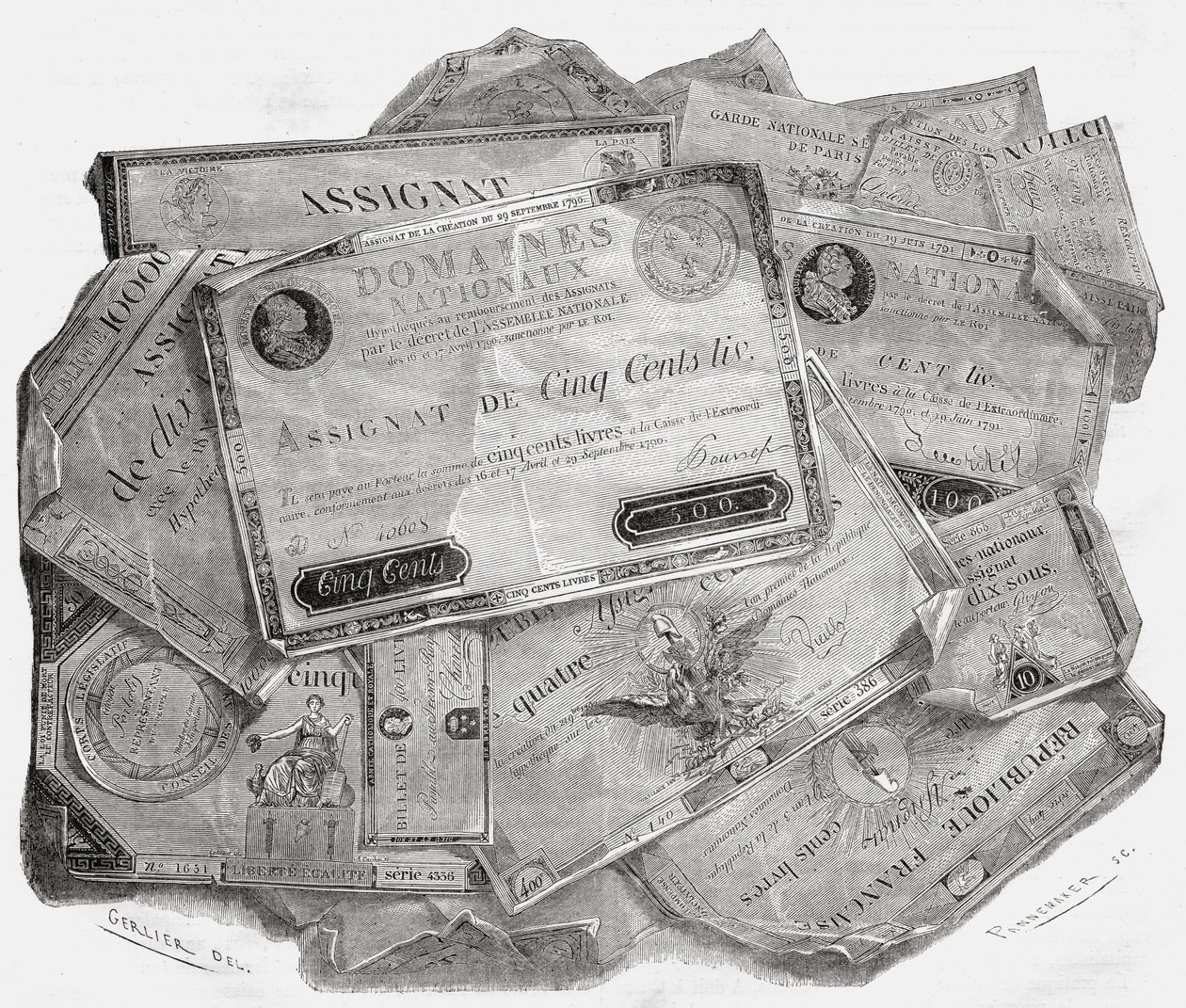 Assignats-plade, graveret af Stephane Pannemaker (1847-1930) efter "Histoire de la Revolution Francaise" af Louis Blanc (1811-82) af Gerlier