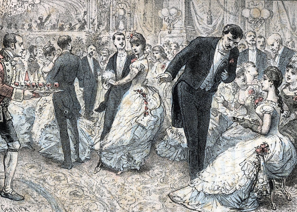 Samfund og socialt liv: bolden omkring 1880 (Højtsamfund og samfundsliv: bolden) indgravering fra “The Needs of Life” af Rengade af Gerlier Gerlier