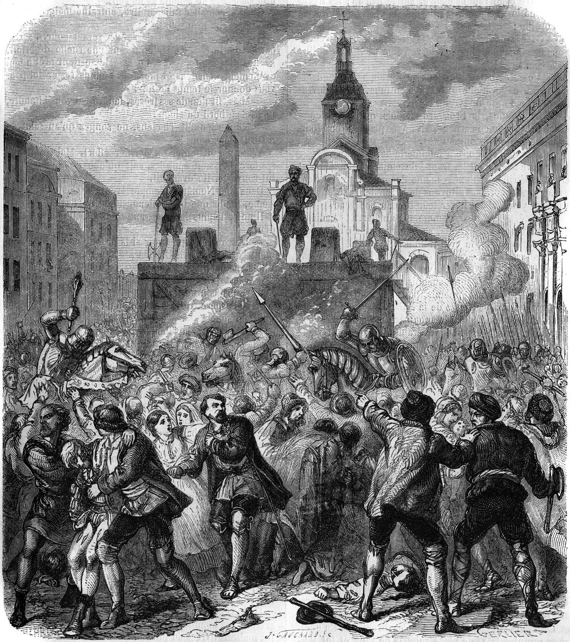 Blodsudgydelser i Stockholm, massakrer på svenske nationale modstandsledere bestilt af kong Christian II af Danmark, 8. november 1520: hæren forsøger at dulme befolkningens vrede, tvunget til at se henrettelserne. Stik af Gerlier af Gerlier Gerlier