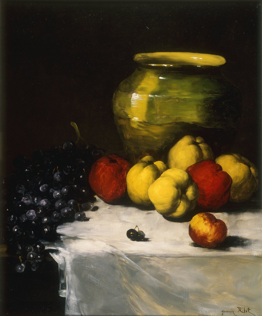 Et stilleben med æbler og vindruer, af Germain Ribot