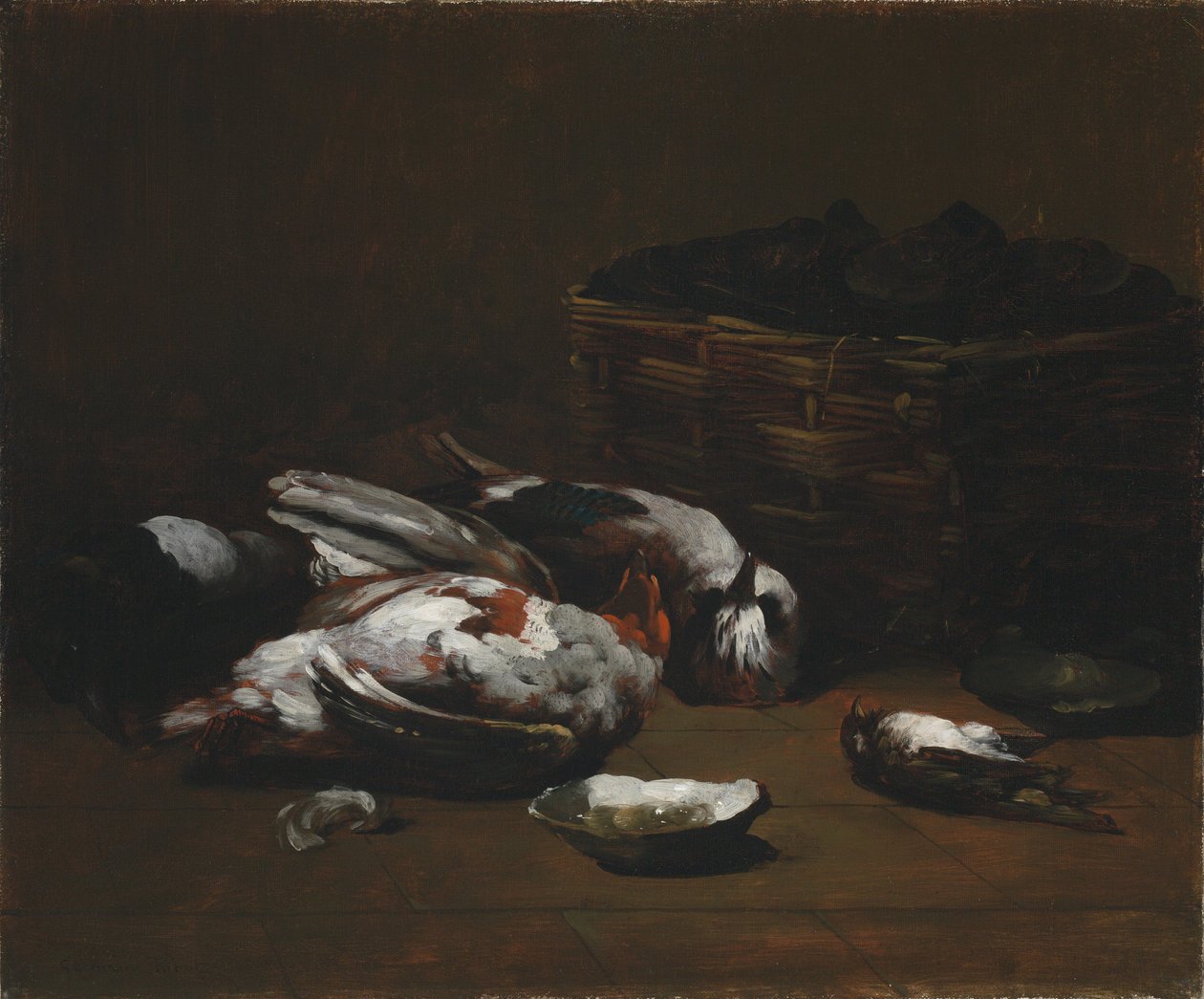 Stilleben med døde fugle og en kurv med østers, ca. 1860 - 1880 (olie på stof) af Germain Ribot