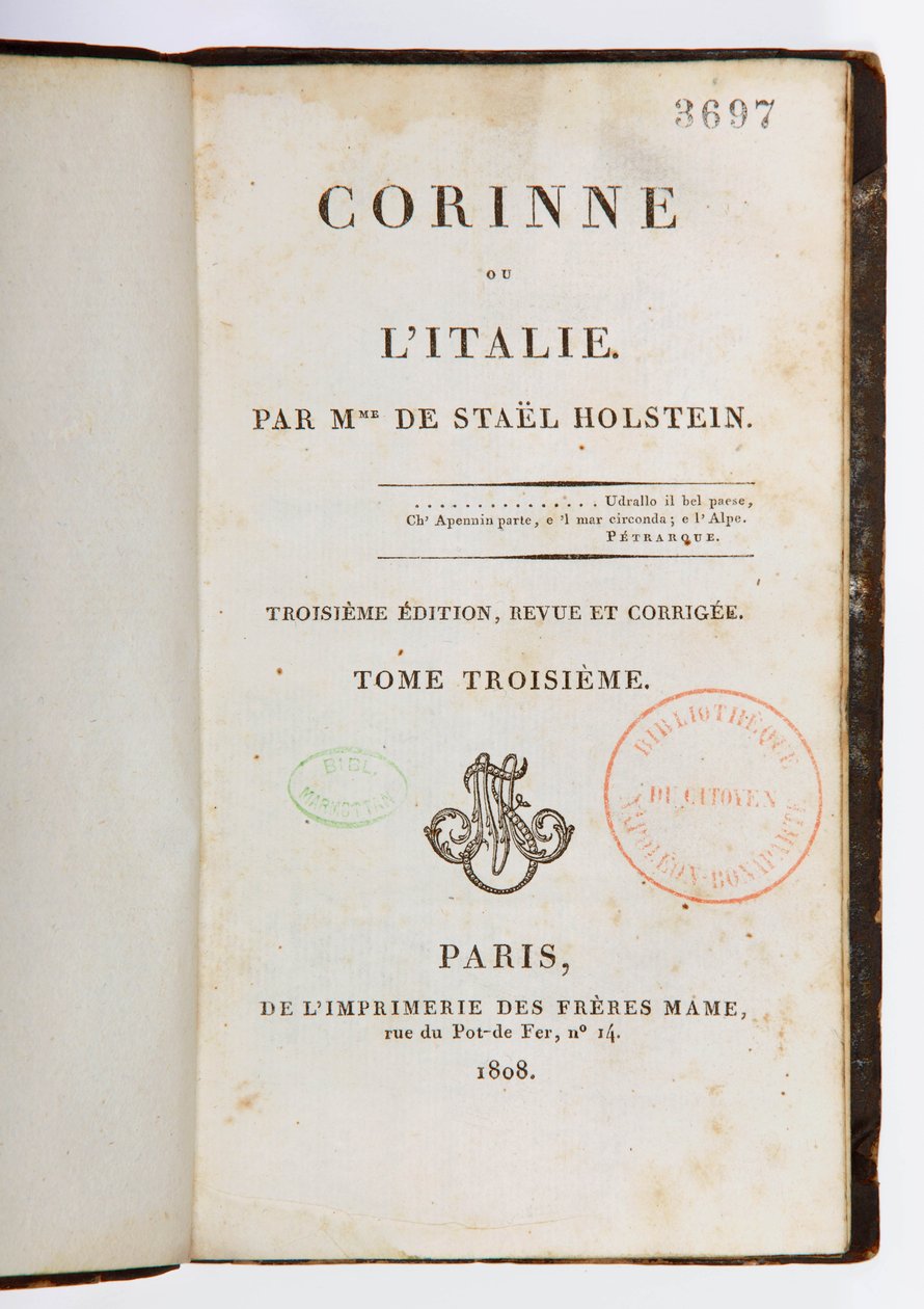 Titelblad til Corinne ou lItalie, 3. reviderede og udvidede udgave, 3. bind, Imprimerie des Freres Mame, Paris, 1808 (trykt papir) af Germaine de Stael