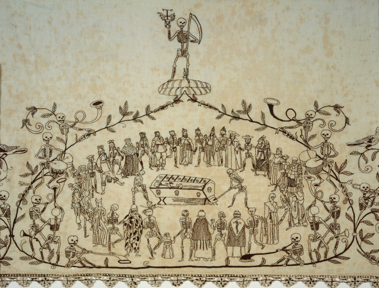 Detalje af Kassler Totentanztuch ligklædet, 1635-37 (linned, silke og blonder) af German School
