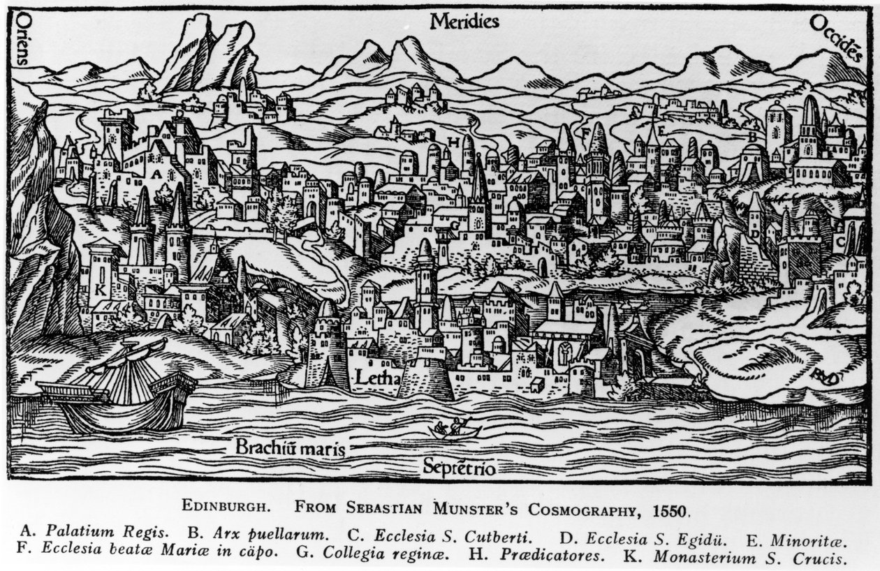 Edinburgh, illustration fra Sebastian Munsters "Cosmographia", 1550 af German School