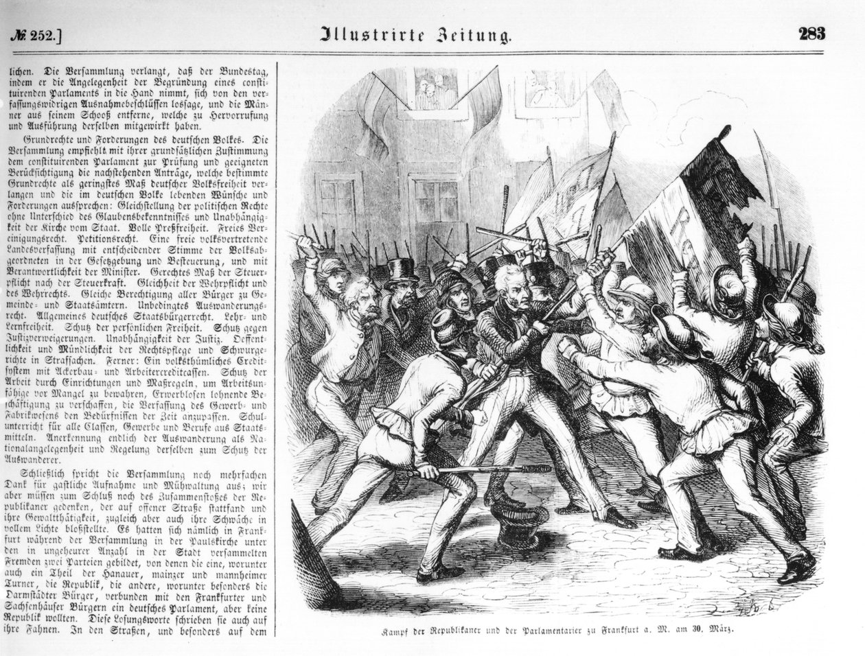Kamp mellem republikanerne og parlamentsmedlemmerne i Frankfurt-am-Main den 30. marts 1848, illustration fra 