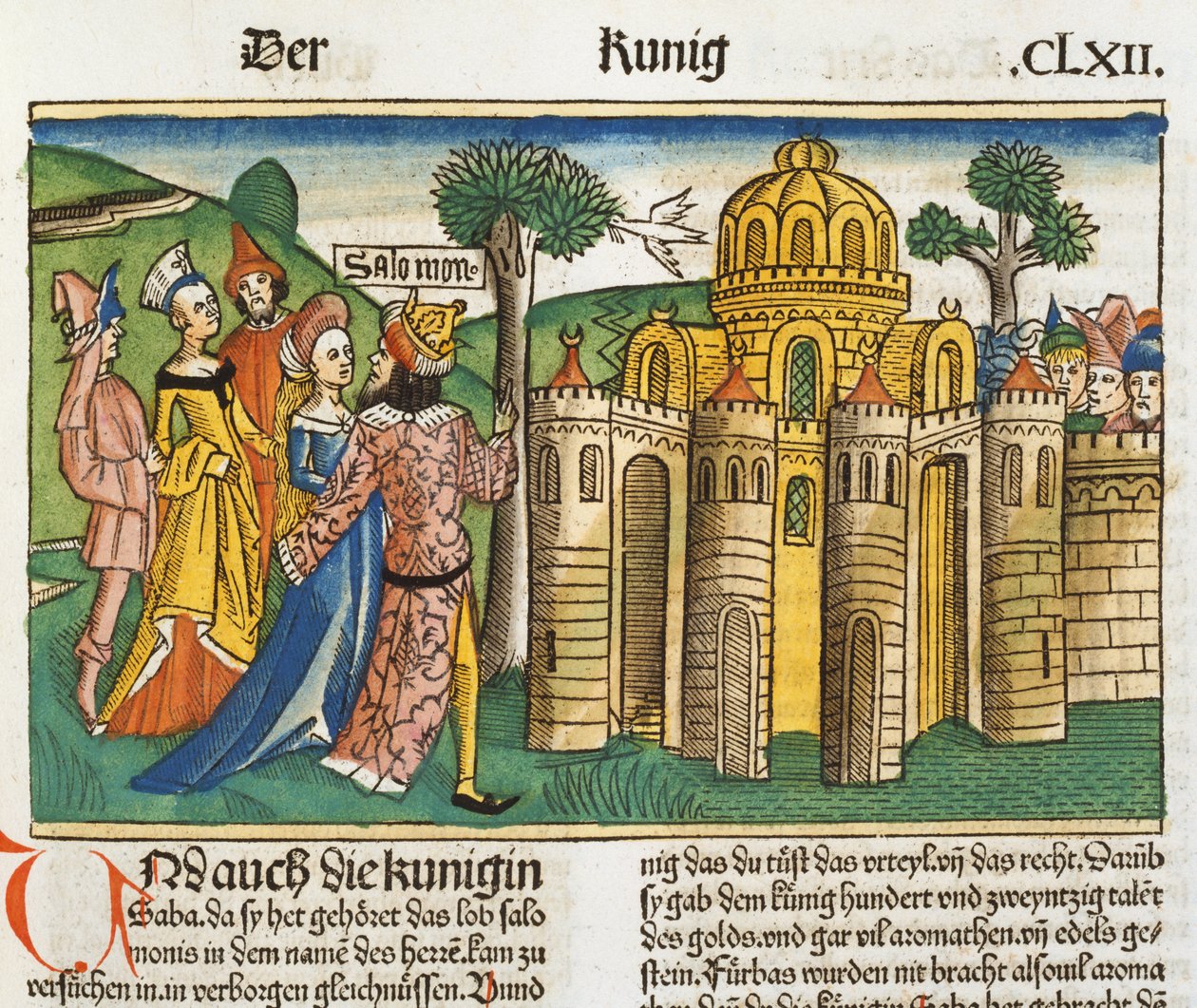 1. Kongebog 10 1-13 Dronningen af Saba besøger Salomon, fra Nürnbergbibelen (Biblia Sacra Germanaica) (farvet træsnit) af German School
