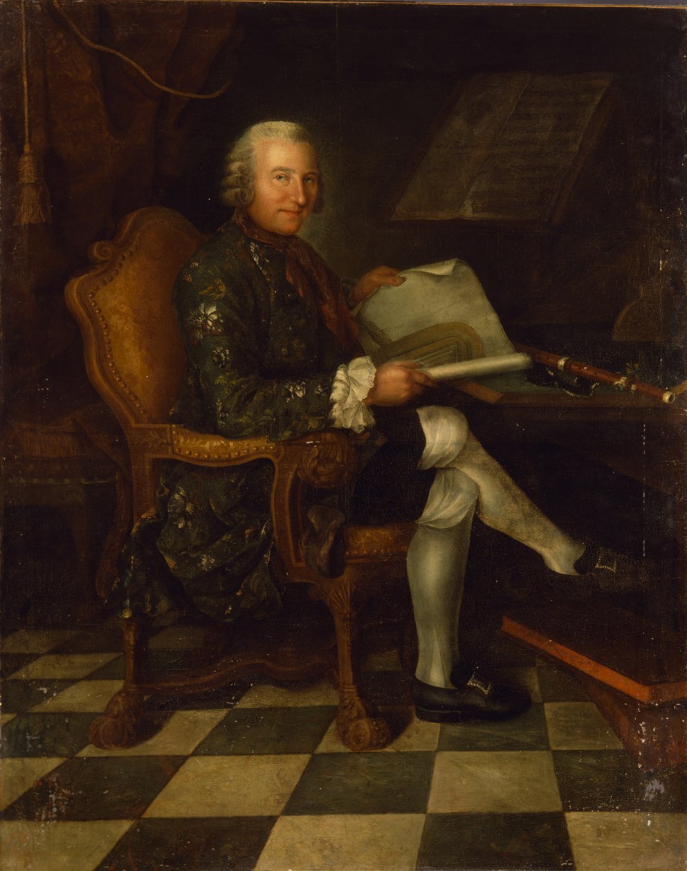 Isaac Egmont von Chasot ved sit skrivebord (med Frederik den Stores fløjte), 1750 af German School