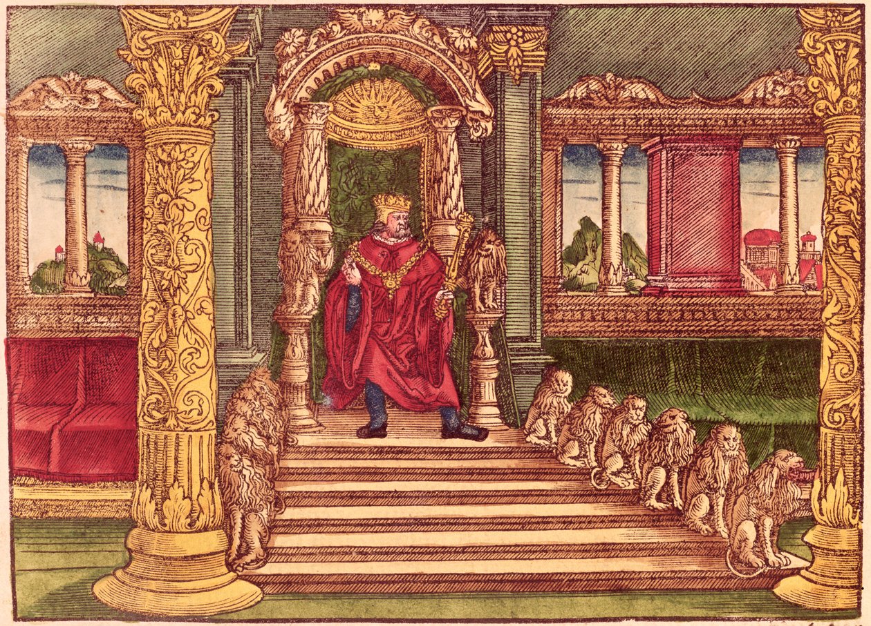 Kong Salomon på sin trone, 1. udgave, fra Lutherbibelen, ca. 1530 (farvet træsnit) af German School