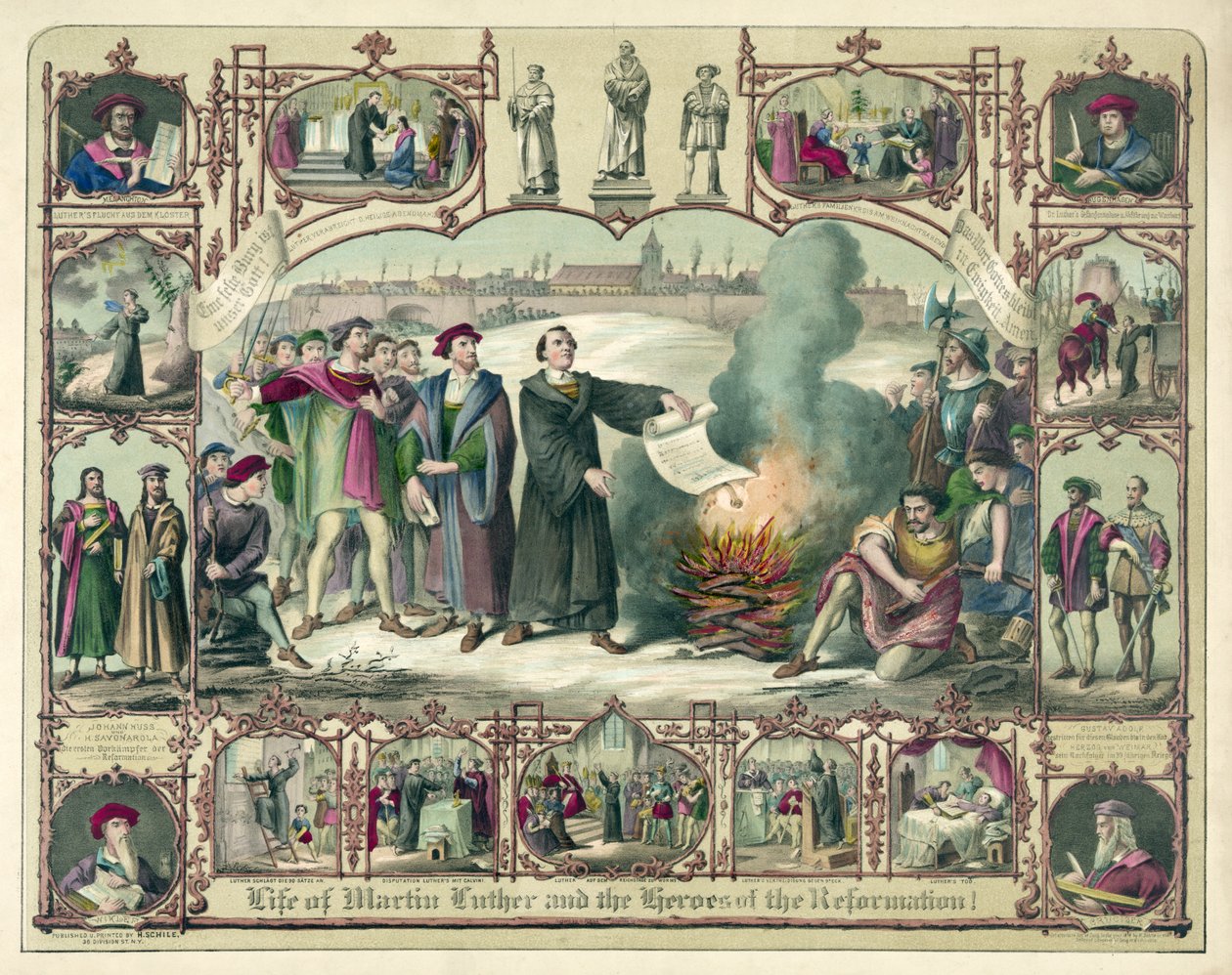 Life of Martin Luther og Heroes of the Reformation!, pub. 1874 (farvelitografi) af German School