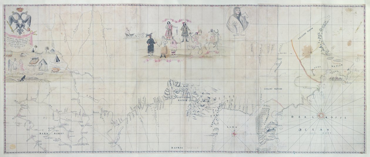 Kort over Sibirien, 1729 (håndfarvet gravering) af German School