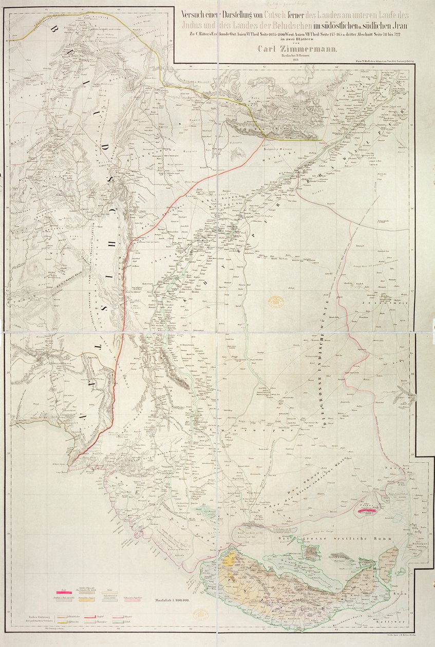 Kort over Cutch-regionen i Indien og dens grænse til nabolandet Baluchistan, af Carl Zimmerman, 1851 af German School