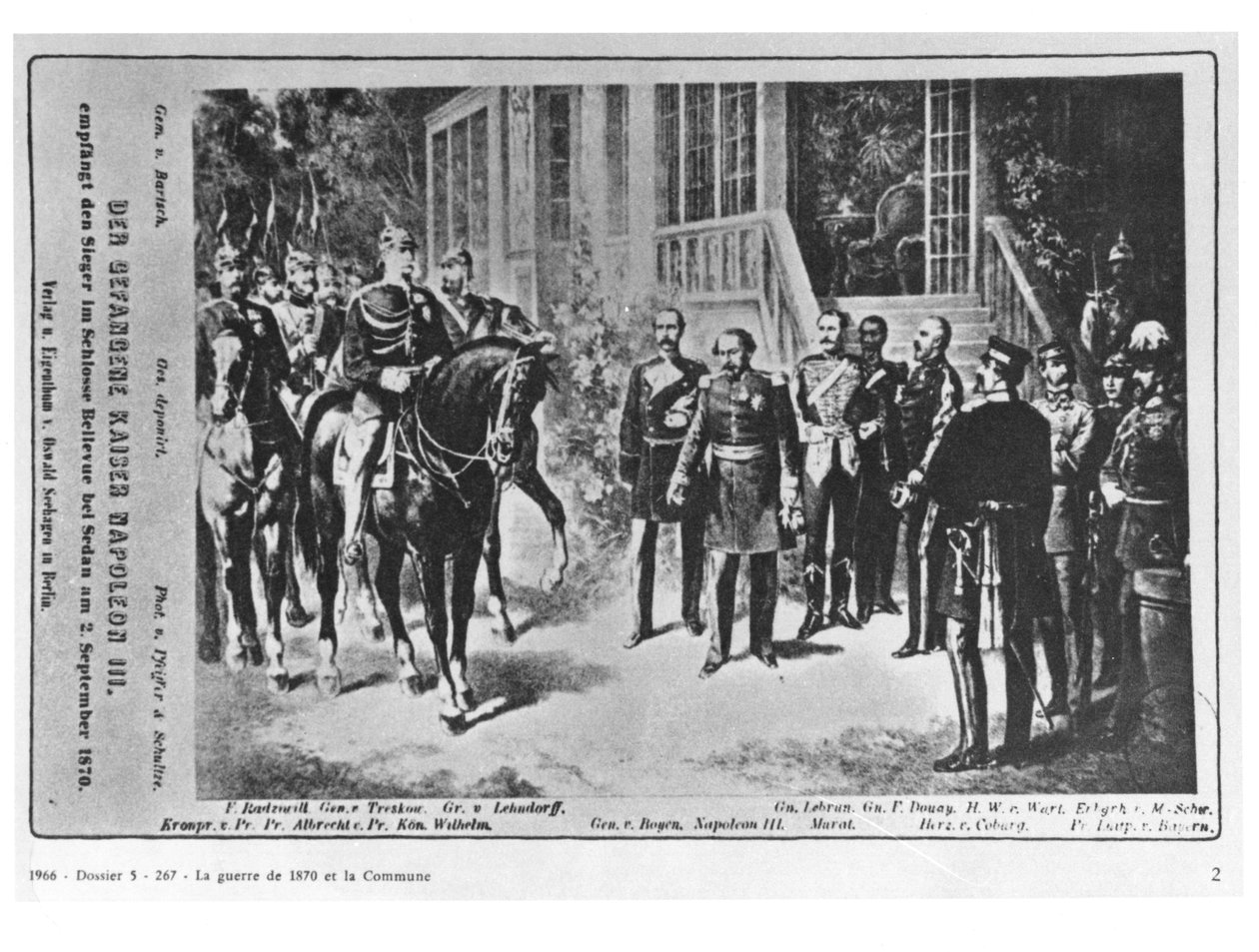 Møde mellem kejser Napoleon III (1808-73) og kejser Wilhelm I (1797-1888) på Bellevue Castle nær Sedan den 2. september 1870 af German School