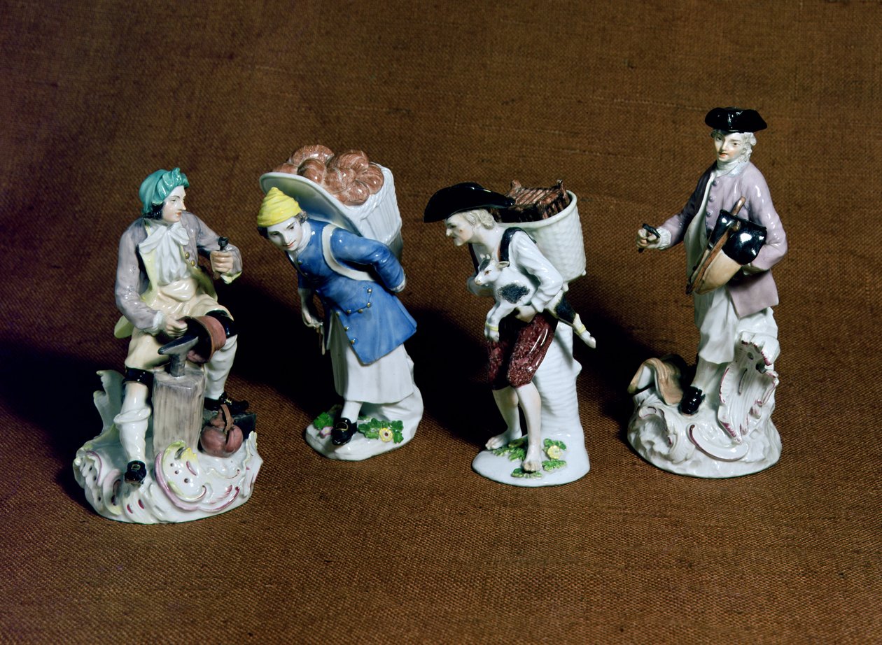 Meissen-figurer: sadelmager, gedesælger og kobbersmed, modelleret af Johann Joachim Kandler (1706-75) og en bagerdreng af Peter Reinicke (1715-68), ca. 1750 (porcelæn) af German School