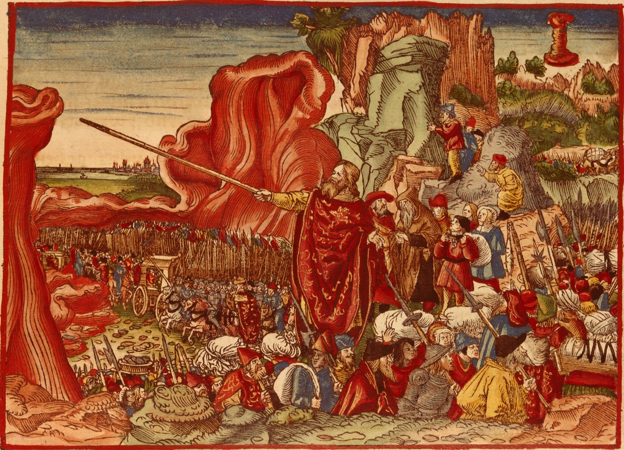 Moses skiller Det Røde Hav, billede fra Lutherbibelen (håndfarvet tryk) af German School
