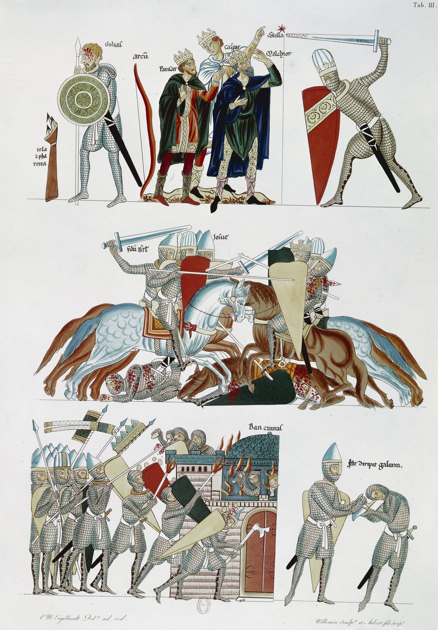 Ms Facs 227 pl.3 Magierne, slaget ved Joshua og belejringen af Dan, fra Hortus Deliciarum af Herrade de Landsberg, faksimilekopi af et manuskript fra det 12. århundrede (pen & blæk og wc på papir) af German School