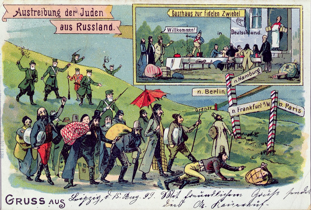 Postkort, der viser fordrivelsen af jøderne fra Rusland og deres velkomst i Tyskland, 1899 af German School