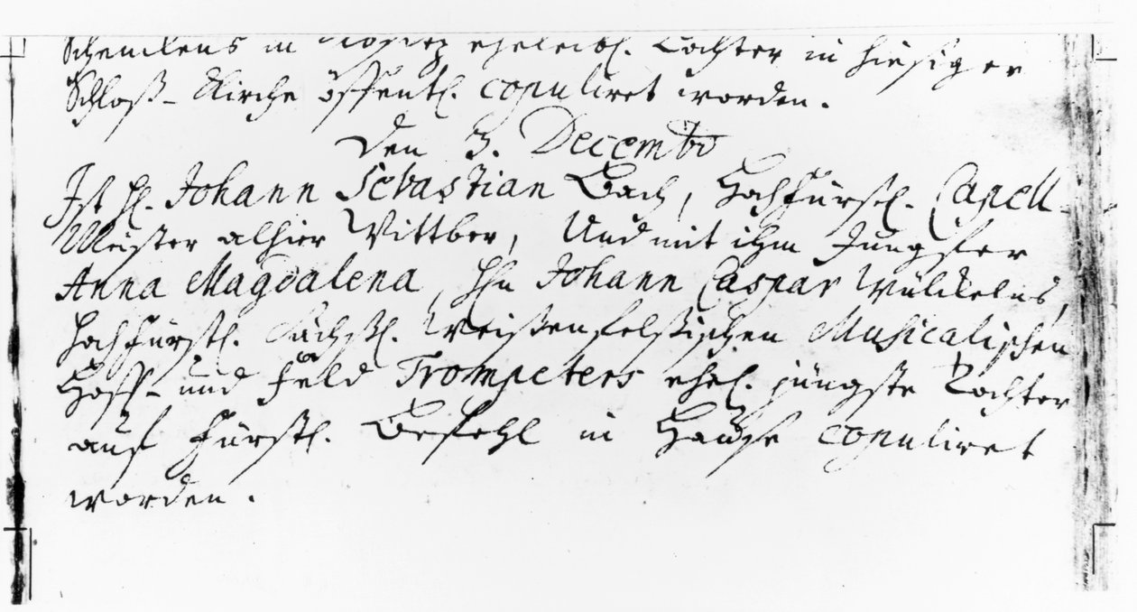 Register over Bachs bryllup med Anna Magdalena Wickeln i præstegården i Jacobskirche, Koethen, den 3. december 1721 (pen og blæk på papir) af German School