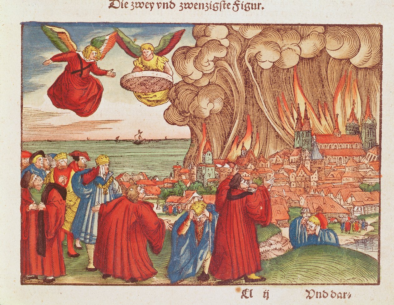 Åbenbaring 18: Babylons brænding, 1. udgave, fra Lutherbibelen, ca. 1530 (farvet træsnit) af German School