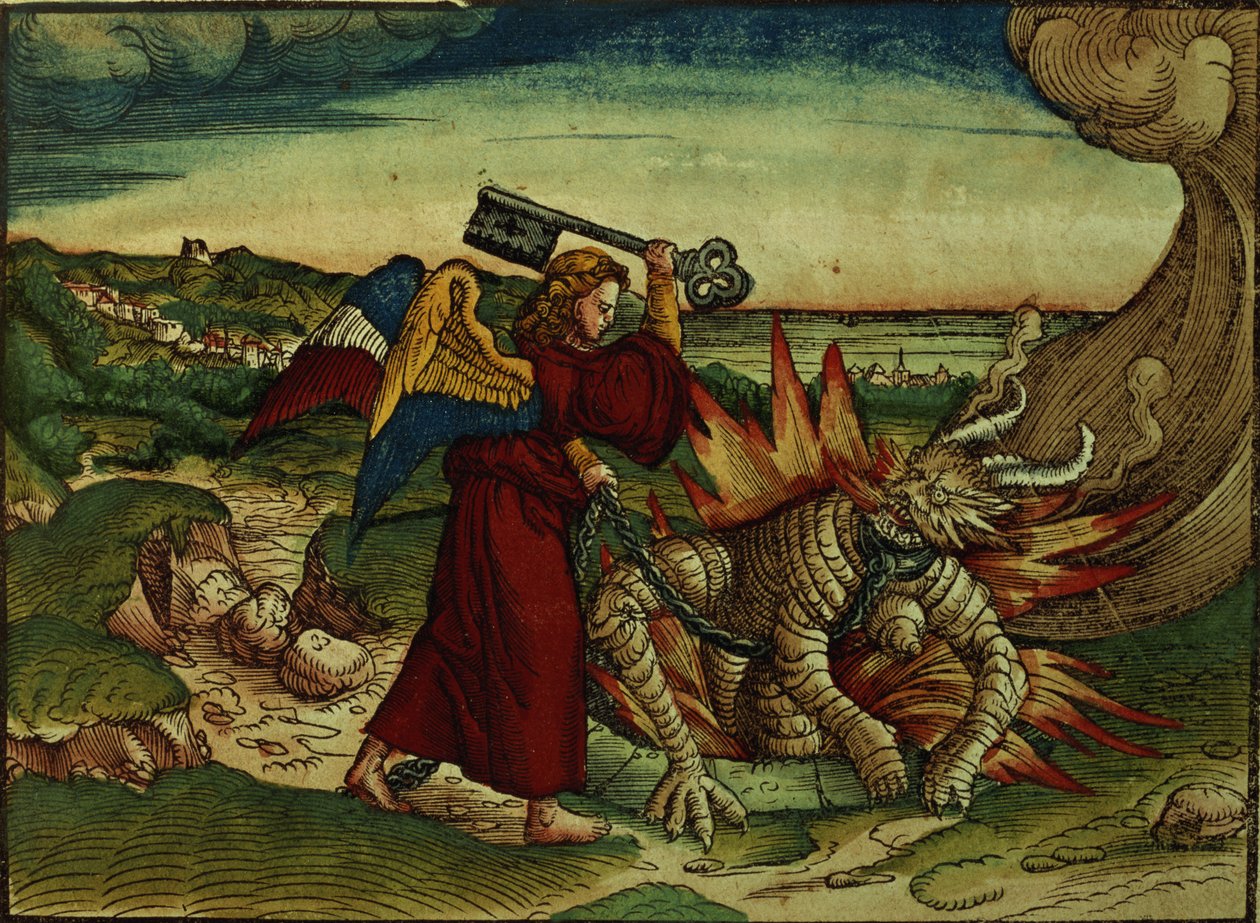Åbenbaringen 20:18 Nøglen til den bundløse afgrund, 1. udgave, fra Lutherbibelen, ca. 1530 (farvet træsnit) af German School