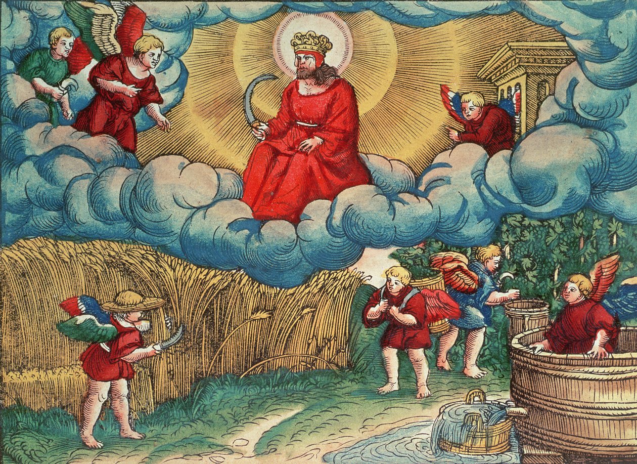 Åbenbaringen 14:14 The Reaper, Vision of Armageddon, fra Luther Bible, ca. 1530 (farvet træsnit) af German School