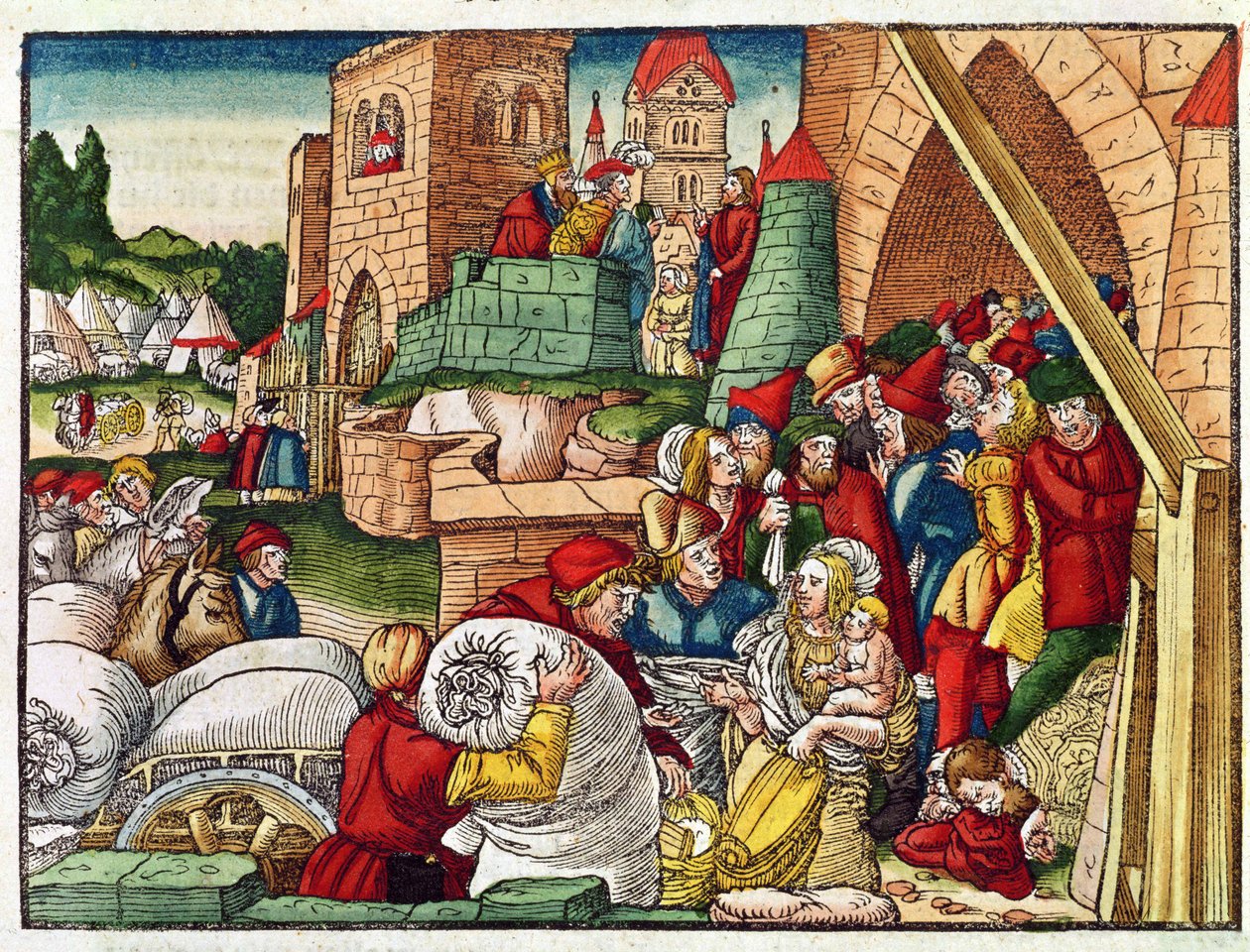 Samaria under belejring, fra Lutherbibelen, ca. 1530 (farvet træsnit) af German School