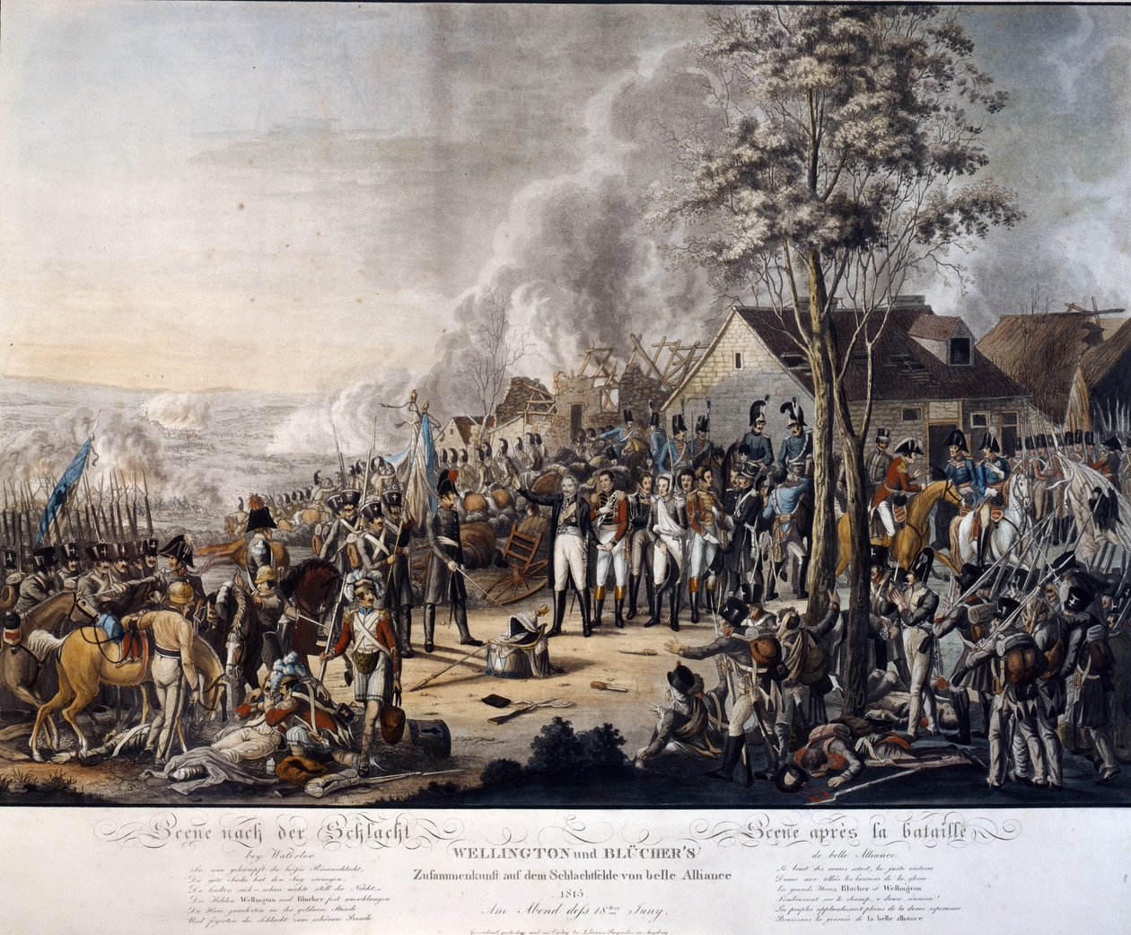 Scene efter slaget ved Waterloo, 18. juni 1815 af German School