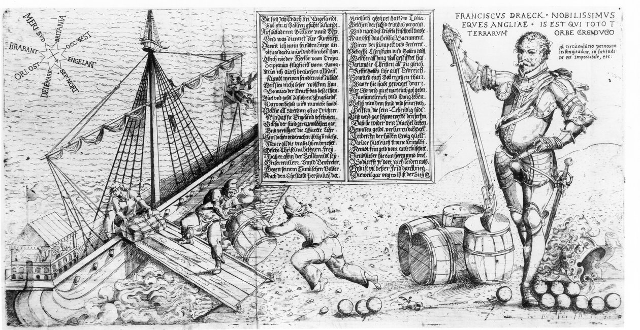 Sir Francis Drake (ca. 1540-96) ser på lastningen af sit skib af German School