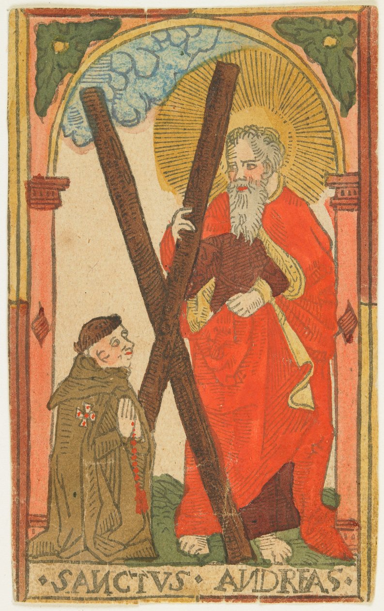 St. Andrew med en munk (Elsass), ca. 1500 (håndfarvet træsnit) af German School