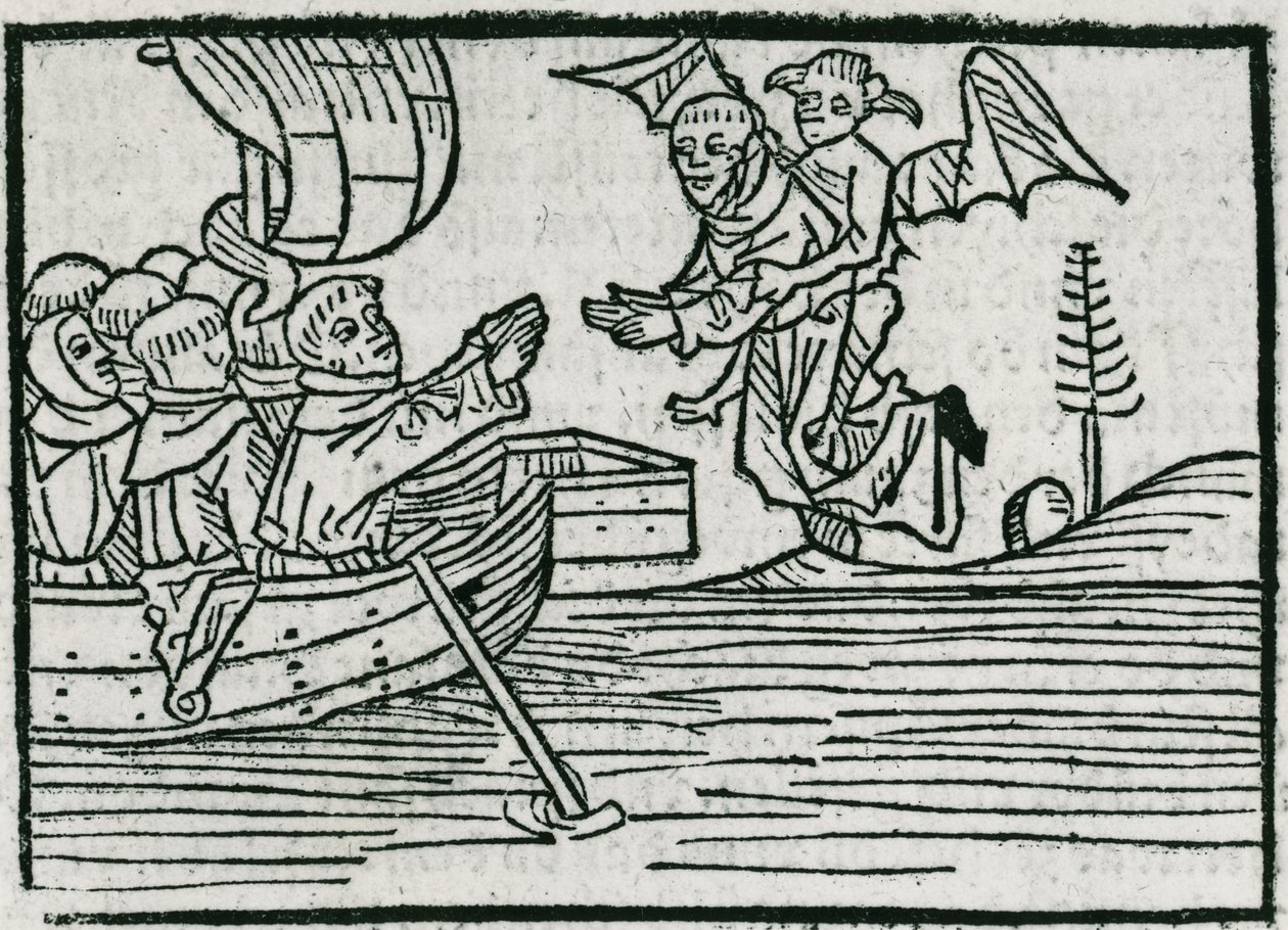 Brendan og dæmonen, illustration fra "The Voyage of St. Brendan", 1499 af German School