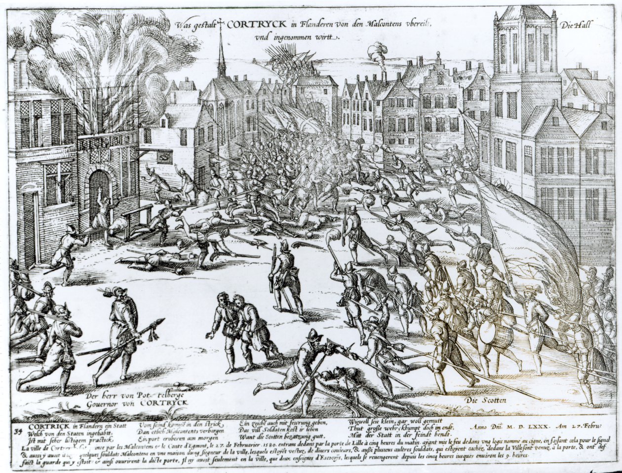 Slaget ved Courtrai mellem franskmændene og flamlænderne, 1580 af German School